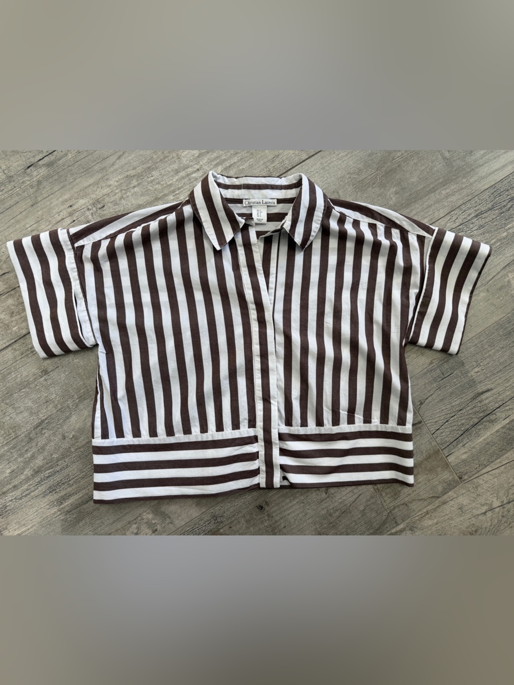 Christian Lacroix Striped Brown & White Cotton Cropped Short Sleeve shirt Sz S